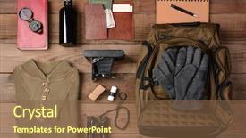  Presentation with canteen - Theme having overhead view of hiking gear background and a tawny brown colored foreground