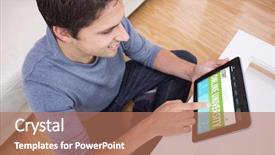  Presentation with digital university - PPT layouts enhanced with overhead view of man using digital tablet in living room against online university interface background and a coral colored foreground