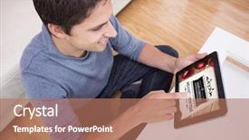  Presentation with digital university - Slide set having overhead view of man using digital tablet in living room against online university interface background and a coral colored foreground