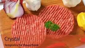 Presentation with cutting board - PPT theme with overhead view of raw minced beef burger with fresh onion on the wooden cutting board background and a red colored foreground