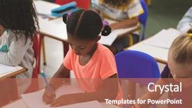  Presentation with notebook - Beautiful presentation design featuring overhead view of students drawing backdrop and a  colored foreground