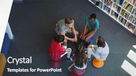  Presentation with students - Amazing PPT theme having overhead view of students interacting with each other in library at school backdrop and a dark gray colored foreground