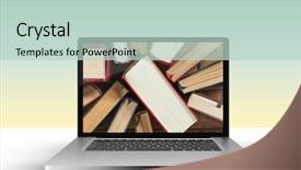  Presentation with laptop - Colorful slide set enhanced with overhead view of various book backdrop and a soft green colored foreground