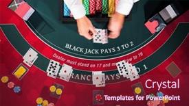  Presentation with casino black jack - Cool new PPT theme with overhead-view-with-dealer-hands backdrop and a tawny brown colored foreground