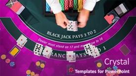  Presentation with casino black jack - Colorful slide deck enhanced with overhead-view-with-dealer-hands backdrop and a violet colored foreground