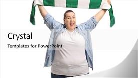  Presentation with flat lay of female sport - Slide set consisting of overjoyed female sports fan holding background and a white colored foreground
