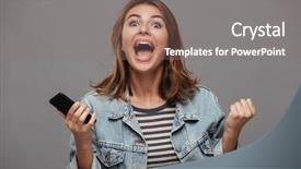  Presentation with jeans - Presentation theme having overjoyed girl in jeans jacket background and a  colored foreground