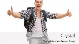  Presentation with giving - Audience pleasing PPT layouts consisting of overjoyed hiker giving two thumbs backdrop and a light gray colored foreground