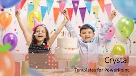  Presentation with birthday kids - Presentation design having overjoyed kids with party hats background and a coral colored foreground