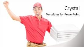  Presentation with pizza delivery - Slide set having overjoyed pizza delivery guy isolated background and a  colored foreground