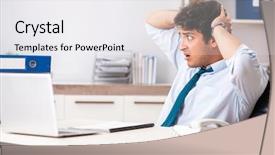  Presentation with busy work - Amazing presentation theme having overloaded busy employee with too backdrop and a sky blue colored foreground