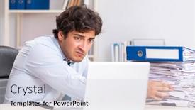  Presentation with busy work - Audience pleasing slide deck consisting of overloaded-busy-employee backdrop and a sky blue colored foreground