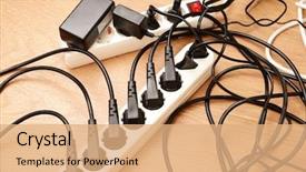  Presentation with power plug - Beautiful PPT layouts featuring overloaded power boards on wooden backdrop and a coral colored foreground