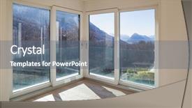  Presentation with windows - Cool new slides with overlook - empty room with white walls backdrop and a ocean colored foreground