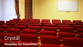  Presentation with overlook - PPT theme featuring overlook of empty conference hall rows of a chairs window in a left side of image focus on a screen background and a wine colored foreground