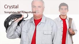  Presentation with apprentice - Audience pleasing presentation design consisting of overseeing employees - experienced tradesman posing with his backdrop and a sky blue colored foreground