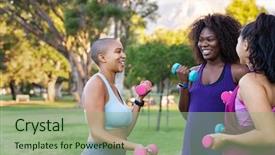  Presentation with group fitness - Beautiful slides featuring oversize muliethnic girls using dumbbells backdrop and a mint green colored foreground