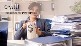  Presentation with salary - PPT layouts enhanced with overtime salary - middle aged businesslady unhappy background and a  colored foreground