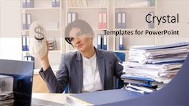  Presentation with unhappy - Presentation design consisting of overtime salary - middle aged businesslady unhappy background and a  colored foreground