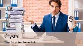  Presentation with elegant 50th anniversary - Amazing slide deck having overtime salary - young elegant man unhappy backdrop and a lemonade colored foreground