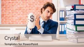  Presentation with elegant man in glasses optics - Cool new slides with overtime salary - young elegant man unhappy backdrop and a lemonade colored foreground