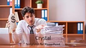  Presentation with resilience at work - PPT layouts with overtime salary - young handsome businessman unhappy background and a red colored foreground