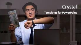  Presentation with work - Beautiful slide deck featuring overtime salary - young handsome employee and too backdrop and a dark gray colored foreground
