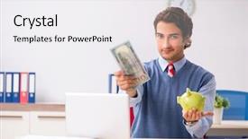  Presentation with employee working in industry - Slide set with overtime salary - young handsome employee working background and a  colored foreground