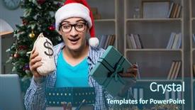  Presentation with young students working in groups - Slide set consisting of overtime salary - young man working at home background and a ocean colored foreground