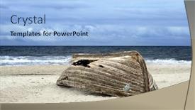  Presentation with boat - Colorful theme enhanced with old shipwreck abandoned shipwreck - overturned boat on beach backdrop and a light blue colored foreground