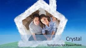  Presentation with green house - Slide deck featuring overview of a man and his wife holding house plans against green hill under blue sky background and a light blue colored foreground