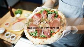  Presentation with bacon - Cool new PPT theme with overview of baker holding tray with pizza containing bacon slices ruccola leaves and egg backdrop and a coral colored foreground
