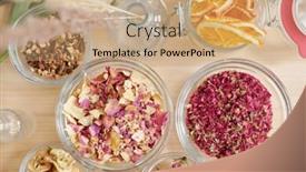  Presentation with making soap - Audience pleasing slide deck consisting of overview of bowls with dry rose petals pear and orange slices on wooden table ready for soap making backdrop and a coral colored foreground