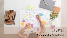  Presentation with goals - Presentation theme featuring overview-of-brunette-businesswoman-making background and a coral colored foreground