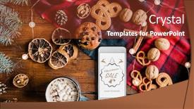 Presentation with online food - Colorful slide deck enhanced with overview of christmas sale homepage of online shop in smartphone surrounded by hot drink sweet food and walnuts backdrop and a tawny brown colored foreground