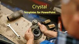  Presentation with hangar - Presentation theme featuring overview of engine part held by senior repairman working over new vehicle in his workshop or hangar background and a tawny brown colored foreground