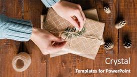  Presentation with pinecones - Beautiful slide deck featuring overview of girl hands binding knot on top of giftbox among pinecones and star anise while packing gifts before holiday backdrop and a red colored foreground