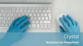  Presentation with medical worker - Colorful PPT layouts enhanced with overview-of-gloved-hands backdrop and a teal colored foreground