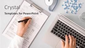  Presentation with medical laptop - Amazing slide deck having overview-of-hands-of-contemporary backdrop and a white colored foreground