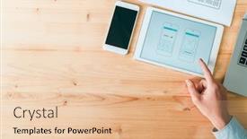  Presentation with software - Colorful slide set enhanced with overview of human hand pointing at new smartphone software application on touchpad display during presentation backdrop and a lemonade colored foreground