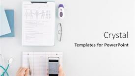  Presentation with medical supplies - Cool new slides with overview-of-medical-worker-hands backdrop and a white colored foreground