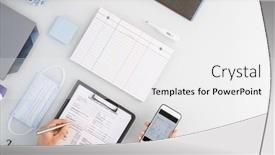  Presentation with data medical - Colorful presentation design enhanced with overview-of-medical-worker-hands backdrop and a white colored foreground