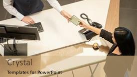  Presentation with receptionist - Cool new PPT theme with overview-of-receptionist-in-uniform backdrop and a coral colored foreground