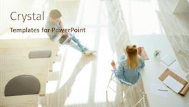  Presentation with new ideas - Slide set with overview of two young casual specialists looking for and discussing new creative ideas at start-up meeting in studio background and a cream colored foreground