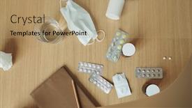  Presentation with medical pills - Amazing PPT theme having overview-of-wooden-table backdrop and a coral colored foreground