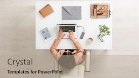  Presentation with front desk - Beautiful presentation theme featuring overview-of-young-businesswoman backdrop and a mint green colored foreground