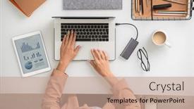  Presentation with front desk - Slide deck featuring overview-of-young-elegant-businesswoman background and a coral colored foreground