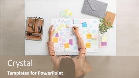  Presentation with goals - Presentation theme featuring overview-of-young-elegant-businesswoman background and a coral colored foreground