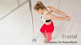  Presentation with pole - PPT theme consisting of overview of young fit woman in activewear doing warm-up before training by pole background and a light gray colored foreground