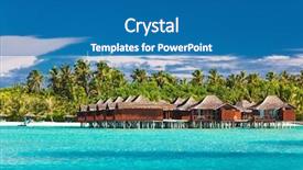  Presentation with lagoon - Amazing slide deck having overwater bungallows in blue lagoon on tropical island with coconut palm trees backdrop and a teal colored foreground